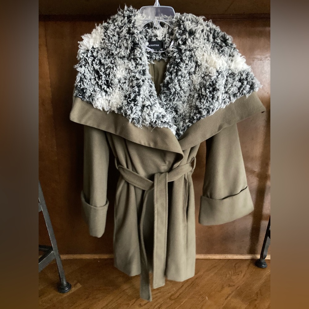 Wrap Jacket with Faux Fur Shearling Collar. Sz Small